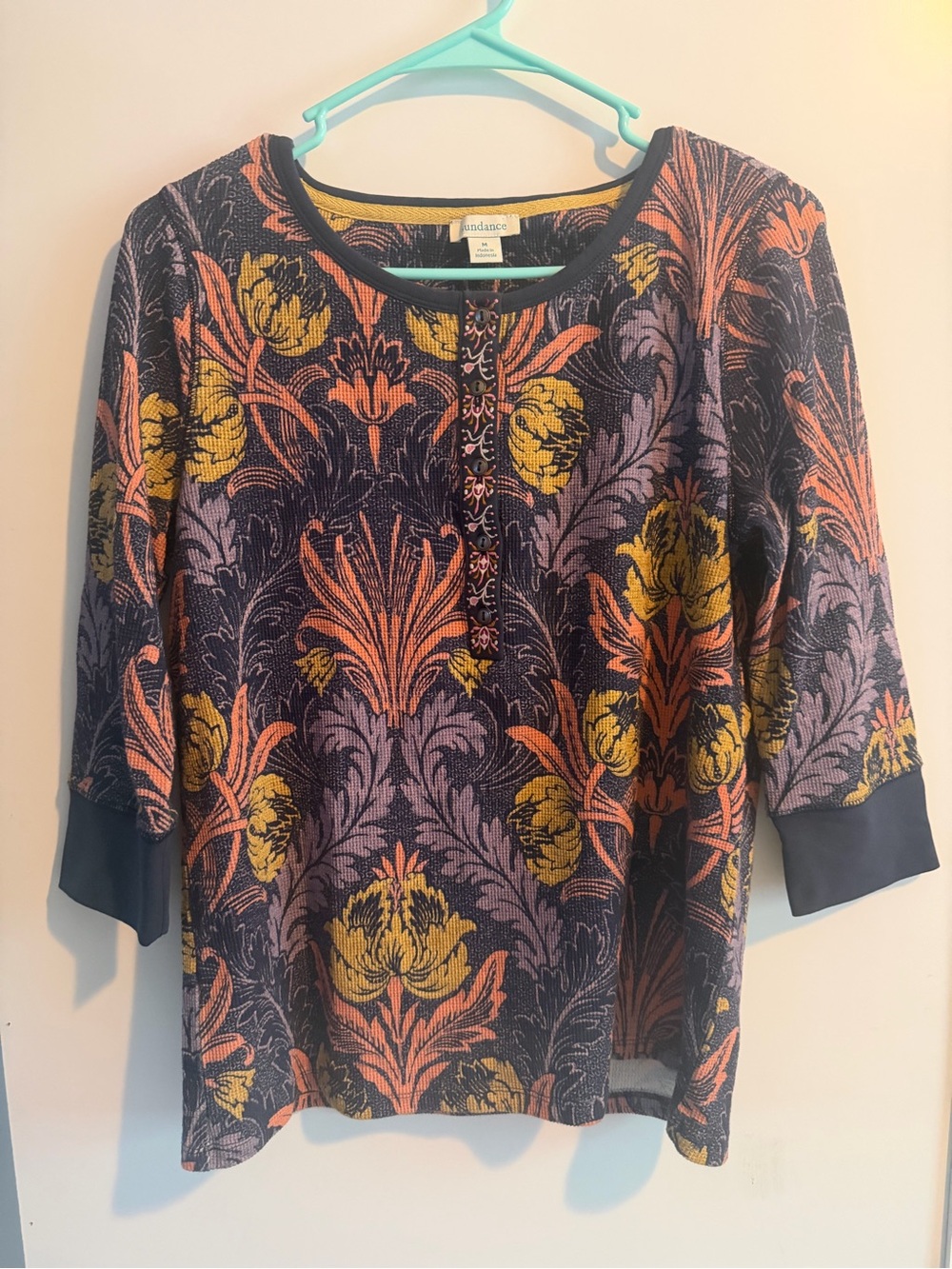 Sundance Floral WaffleTop in Navy, Mustard & Coral Thermal Long 3/4 Sleeve - Picture 1 of 5